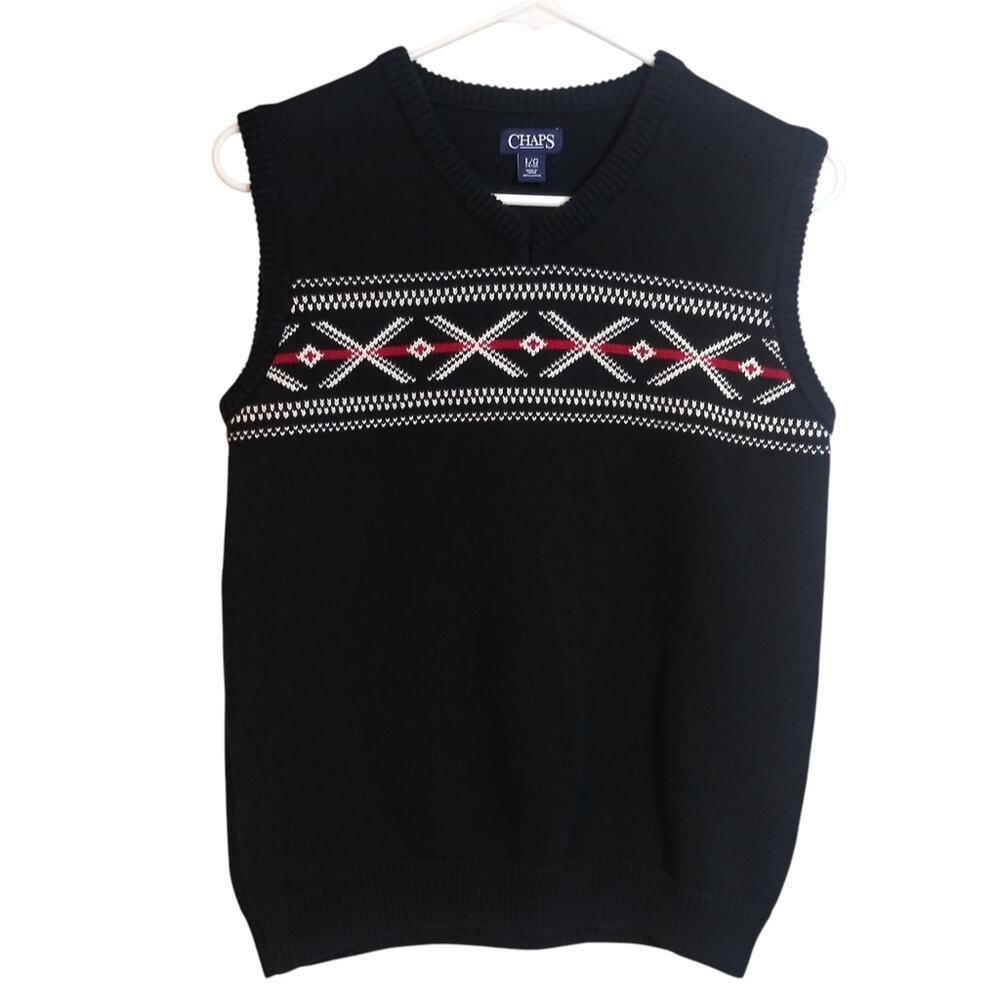Chaps Boys V Neck Fair Isle Black and Red Cotton Sweater Vest Preppy Size L